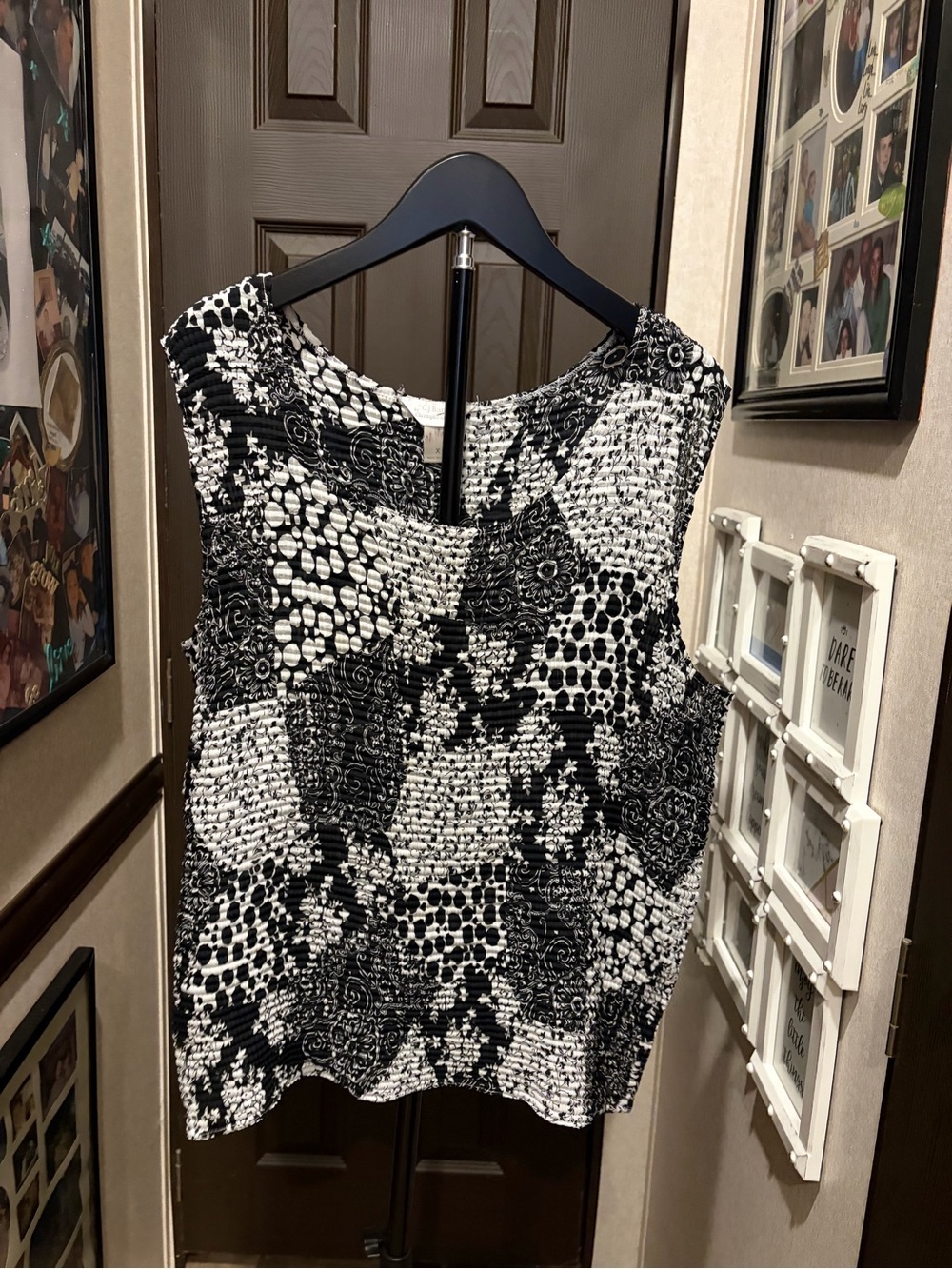 CJ Banks Black & White Sleeveless Smocked Tank Top